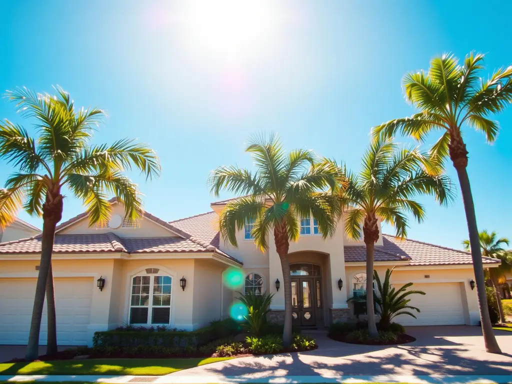 Sunny Florida coastal home surrounded by palm trees